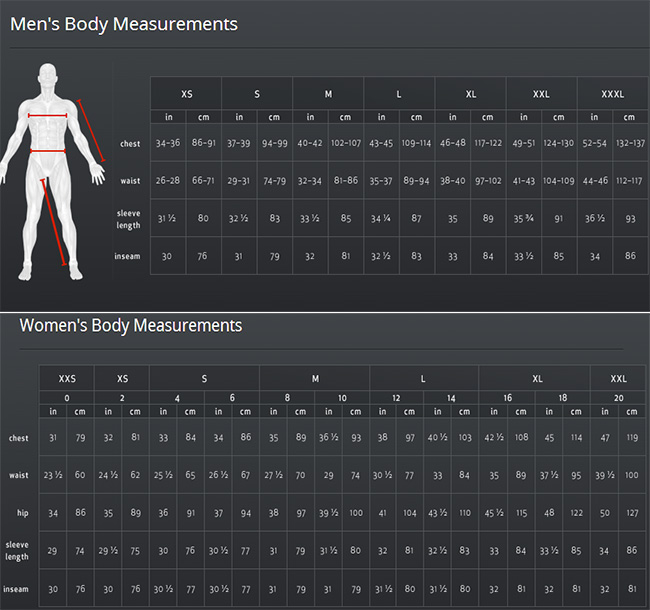 Spyder Men's and Women's Size Chart